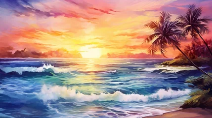 Fotobehang sunset at exotic tropical beach with palm trees and sea, colorful illustration in style of watercolor ink, beauty at nature © goami