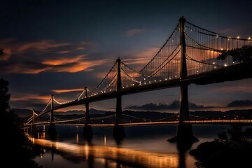 The dynamic silhouette of a suspension bridge at twilight, beautifully illuminated against the...