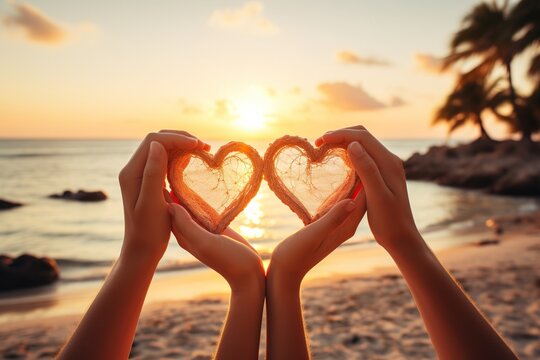 A couple holding hands in the shape of a heart on the beach. Love and relationships.