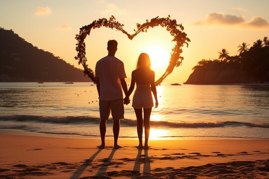 A couple holding hands in the shape of a heart on the beach. Love and relationships.