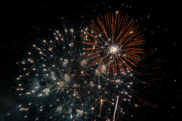 Fogo de artifício colorido sobre o céu noturno. Celebração de um evento festivo, fundo abstrato de férias