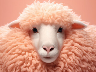 Close-up portrait of a soft, fluffy sheep with a gentle expression, highlighted by a warm peach fuzz hue.