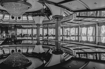Opulent elegant interiors inside ballroom lounge onboard ocean liner cruiseship cruise ship witch...