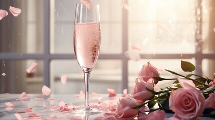 A sparkling rose wine effervescing in a flute, with pink rose petals scattered around the base on a marble surface.