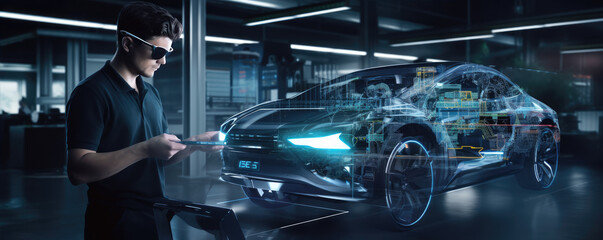 Car or automotive manager works on electric car technology. Future of cars design - Powered by Adobe