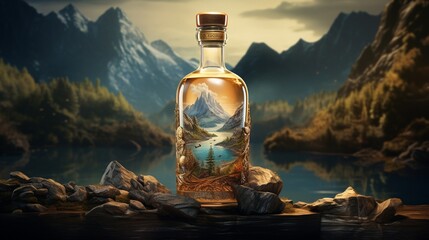 A whimsical image of a whisky bottle with a label that tells a story through illustrations, set against a backdrop that complements the narrative, like a scene from the story.