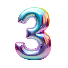 Hologram metallic number 3 balloon Realistic 3D on white background. Generative AI