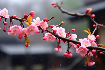 Close shot of pink plum blossoms in the rain, blurred background of Chinese style eaves, a bunch of blooming pink plum blossoms