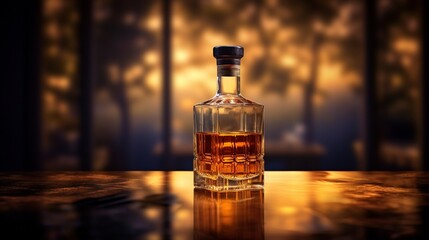 A whisky bottle with a label that includes a hidden image or message, revealed only under certain lighting conditions, set against a backdrop of subtle, ambient light. - obrazy, fototapety, plakaty