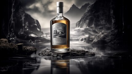 A whisky bottle with a label that features a classic, black-and-white photograph, set against a backdrop that complements the era and style of the image. - obrazy, fototapety, plakaty