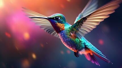 A captivating close-up shot of a hummingbird in mid-flight, with its iridescent feathers and rapid wing beats frozen in time, capturing the grace and beauty of these agile avian wonders.
