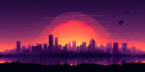 futuristic city skyline with skyscrapers illustration, in style of purple and pink synthwave