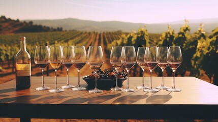 A wine tasting setup with multiple glasses of different wines, aligned on a table with a vineyard in the background.