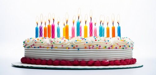 A close-up of a birthday cake with candles ready to be lit, isolated on a white background.