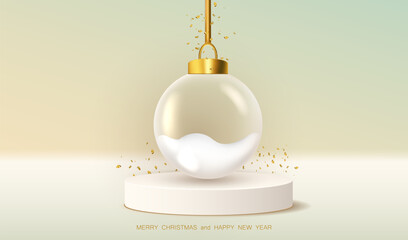Holiday Christmas card background with glass globe ball snow inside and gold confetti on podium. Vector x mas merry design.