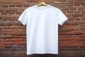 Mockup. White T-shirt on a brick wall background, template. AI generative.