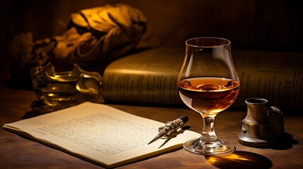 Whisky tasting notes written elegantly on parchment, with a quill pen and a glass of whisky beside it.