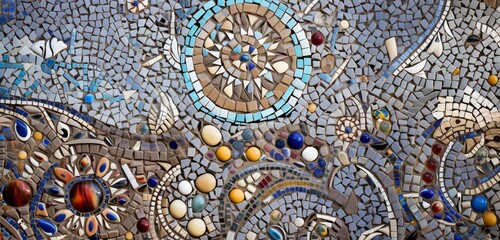 A close-up of a mosaic surface, with intricate details and patterns formed by small, individually placed tiles.