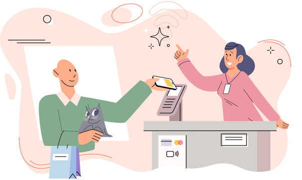 Mobile commerce concept. Man buys item in mobile phone apps in online store and pays for purchases with credit card at checkout with terminal. Online shopping and e-business, finance and payment