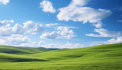 Fototapeta premium breathtaking view of vast lush green fields and serene blue sky with fluffy white clouds