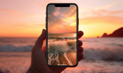 closeup shot of person holding mobile phone in hand and taking photo of beautiful sunset over sea, nature photography with smartphone camera