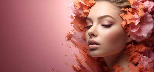 Obraz premium Serene beauty portrait with pastel floral accents and soft makeup. Peach fuzz color trend 2024. Banner with copy space. For beauty and fashion industries, suitable for advertising cosmetics, skincare.