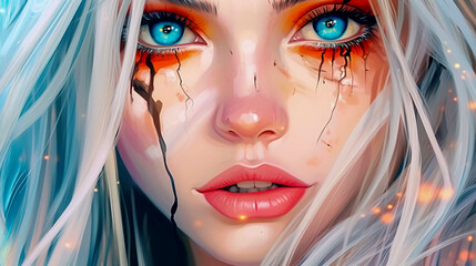 Beautiful teenager with expressive makeup in the style of anime and cosplay, Generative AI