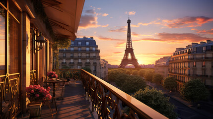 terrace or balcony with Eiffel tower view at sunset, romantic vacation at Paris - obrazy, fototapety, plakaty
