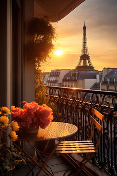 terrace or balcony with Eiffel tower view at sunset, romantic vacation at Paris