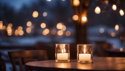 Lit up candle at an outdoor table of a restaurant in winter, cosy atmosphere, selective focus - Powered by Adobe
