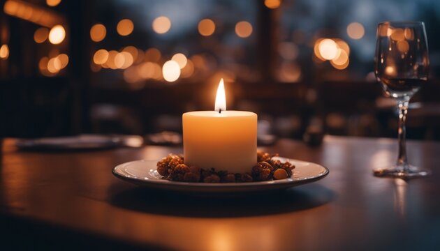 Lit up candle at an outdoor table of a restaurant in winter, cosy atmosphere, selective focus
