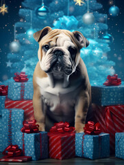 Blue christmas background with bulldog dog