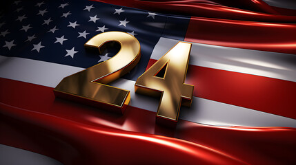 Gold 2024 new year numbers sign on USA flag background, concept of american president elections