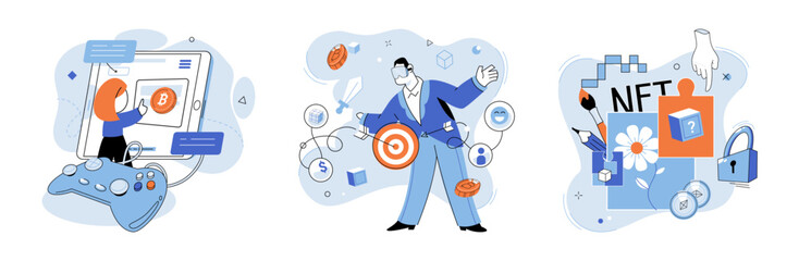 Digital asset vector illustration. The financial sector is adapting to digital revolution, incorporating virtual currencies into their services The concept digital assets encompasses broad range