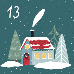 Fototapeta premium Christmas illustration with cozy house, trees and numbers for advent calendar