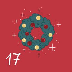 Christmas illustration with wreath, lights and numbers for advent calendar