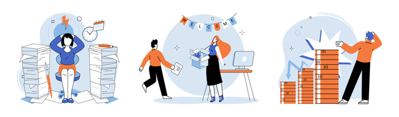 Business chaos. Vector illustration. Implementing strategies for stress reduction, such as mindfulness and exercise, cpromote well-being in chaotic work environment The business chaos metaphor serves