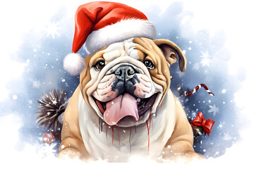 Cute christmas bulldog in Santa red hat