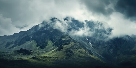 A moody and dramatic mountain landscape, characterized by fog, snow, and rugged terrain, creating a captivating