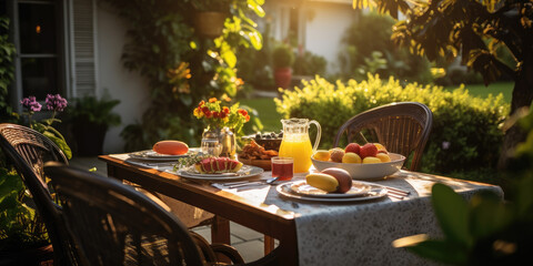 Fresh and healthy breakfast outdoors, featuring orange juice, fruit, and a delightful spread in a garden setting. - obrazy, fototapety, plakaty
