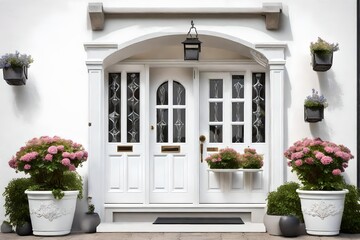 An inviting white front door adorned with small square decorative windows and complemented by charming flower pots.