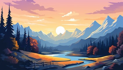illustration of idyllic summer landscape with river, forest and mountains, beautiful nature scenery - obrazy, fototapety, plakaty