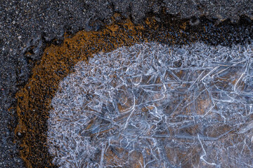 Close-up of ice patterns on ground with earthy edge