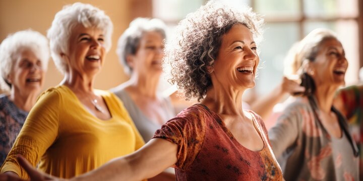 Dynamic image of a group of vibrant individuals over 50, enjoying a dance class together , concept of Lively aging