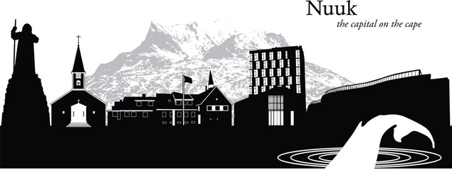 Black and white cityscape vector illustration of the skyline of Nuuk, capital of Greenland