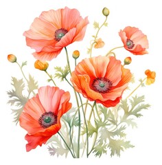 blooming poppy flower painting in watercolor