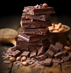 chocolate bar and nuts on a background
