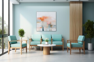 modern light interior of a waiting room in a medical clinic, contemporary hospital with blue wall