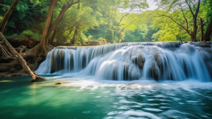 Obraz premium Beautiful waterfall surrounded by trees and plants in the forest. Ai generative.