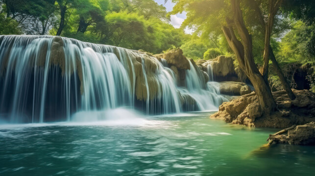 Beautiful waterfall surrounded by trees and plants in the forest. Ai generative.